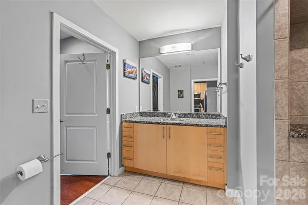 a bathroom with a granite countertop sink and a mirror