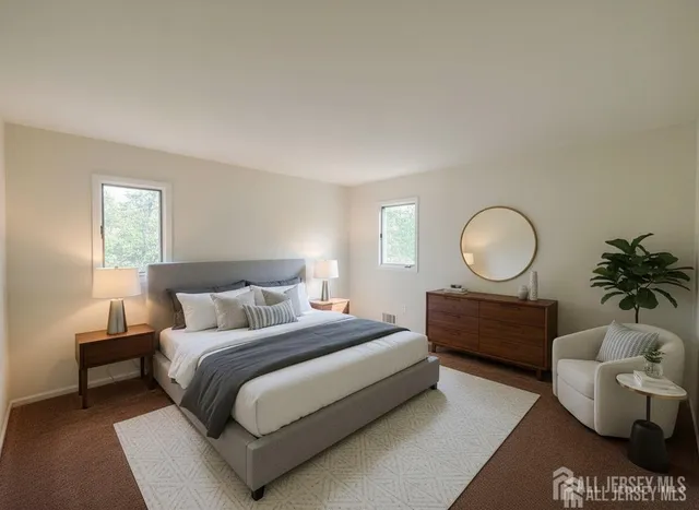 a bedroom with a bed mirror and window