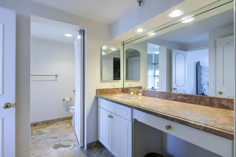 a bathroom with a sink a toilet and mirror