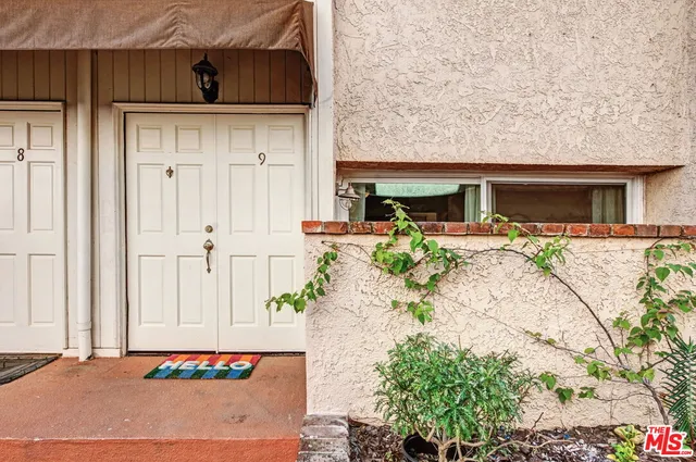 front view of a house with potted plants