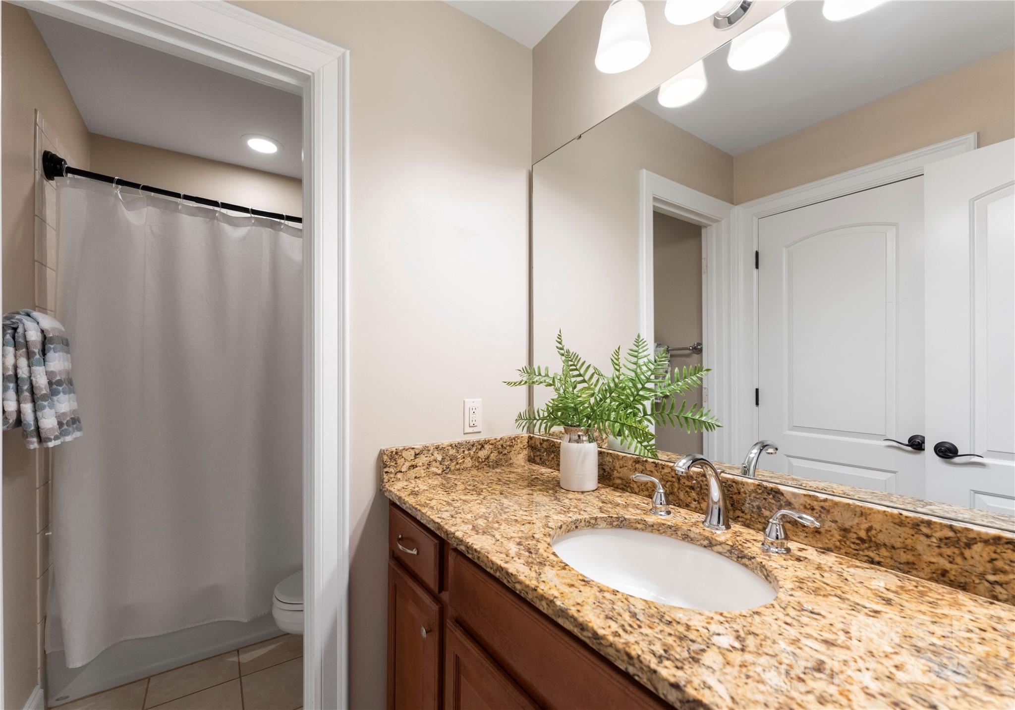 2105 Lanier Avenue Charlotte, NC 28205 - Photo 27 of 31 a bathroom with a granite countertop sink and a mirror