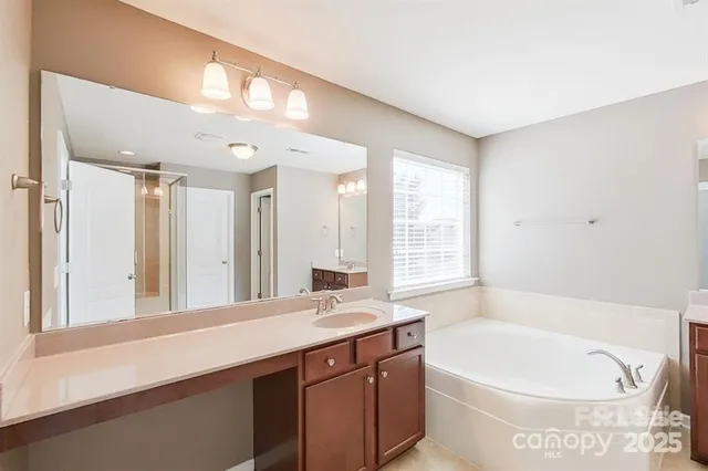 a bathroom with a bathtub sink and mirror