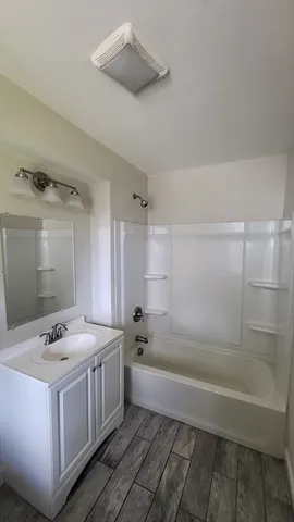 a bathroom with a tub a sink and a shower