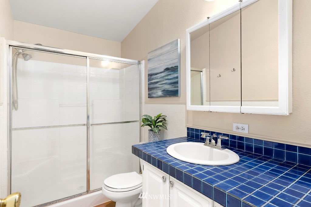 1815 Newman Road Freeland, WA 98249 - Photo 16 of 26 a bathroom with a granite countertop sink toilet a mirror and shower
