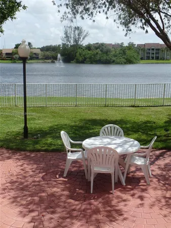 a view of a chairs and table on the lake