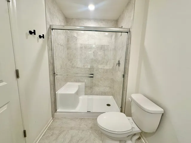 a bathroom with a shower and a toilet