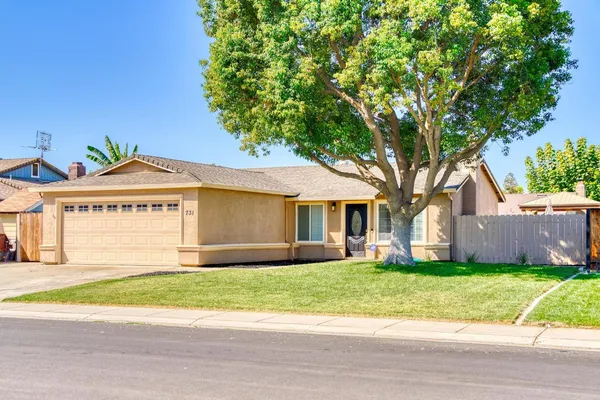 a view of a house with a yard and large tree
