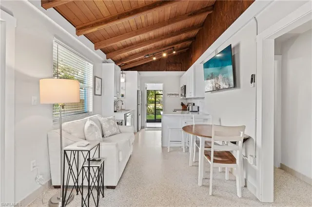 a view of a dining room with furniture