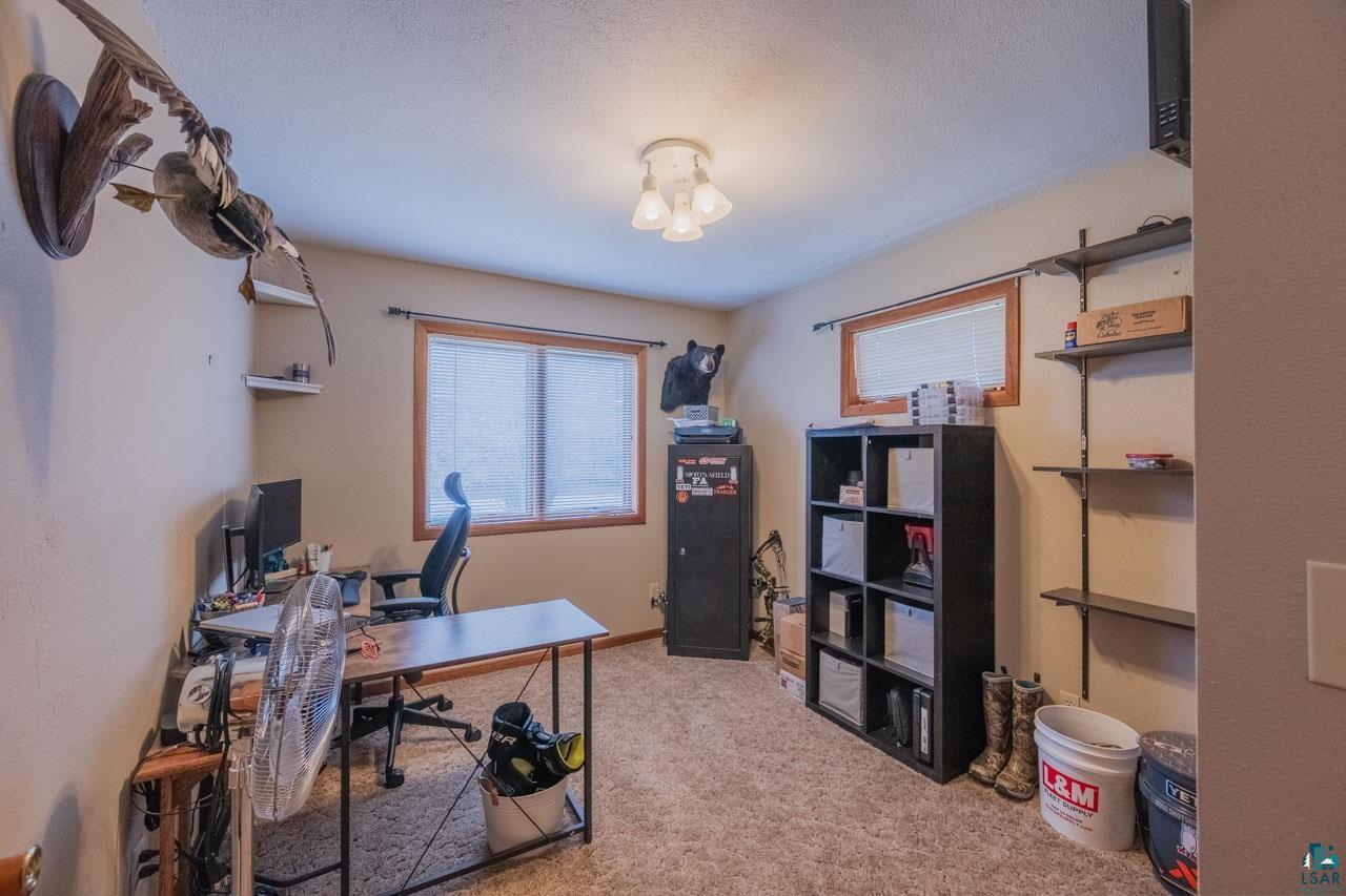 228 3rd Street Southeast Cook, MN 55723 - Photo 15 of 30 Carpeted room featuring a ceiling-mounted light fixture, two windows with blinds, and built-in wall shelving