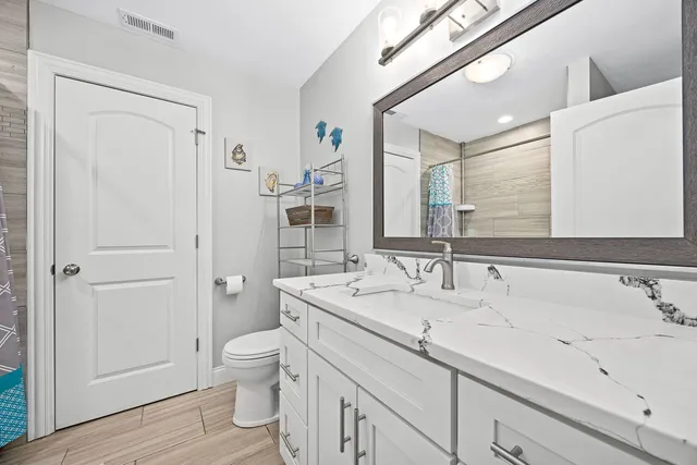 a bathroom with a sink a toilet and shower