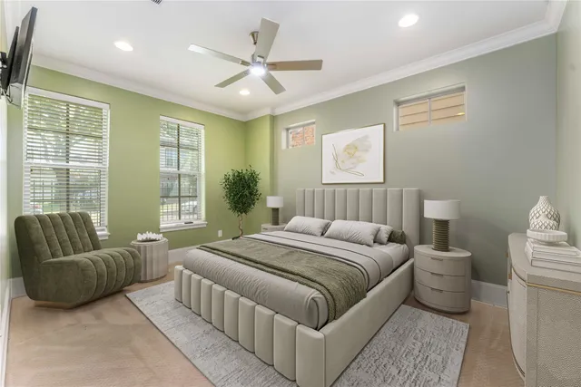 a bedroom with a bed and glass window