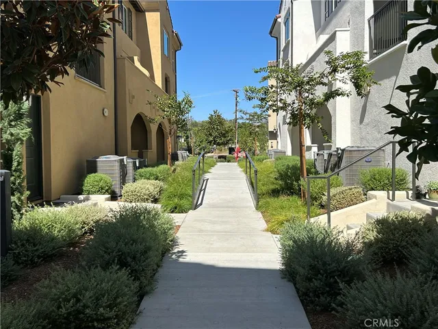a park view with potted plants and large tree