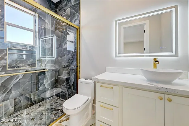 a bathroom with a sink toilet and mirror