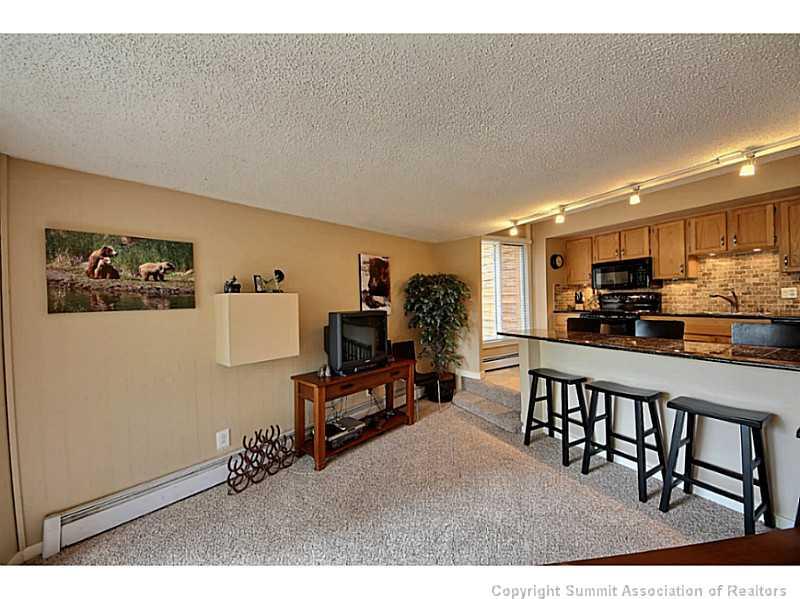 1100 Ski Hill Road, Unit 36 Breckenridge, CO 80424 - Photo 4 of 17 a kitchen with stainless steel appliances granite countertop a refrigerator a stove a sink a dining table and chairs with wooden floor