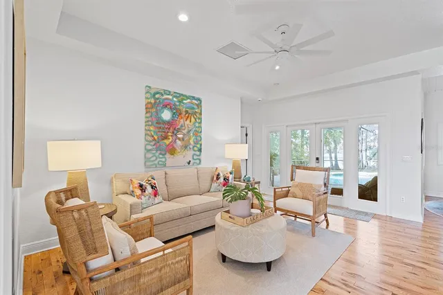 a view of a hallway with seating area