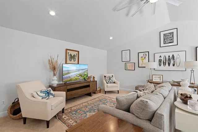 a view of a park with large trees