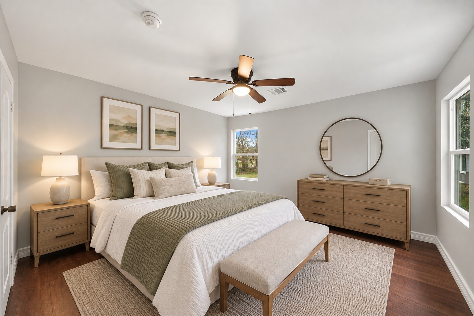 9313 Livernois Road Houston, TX 77080 - Photo 21 of 39 Virtually Staged: Wonderfully appointed secondary bedroom, featuring neutral paint, engineered wood floors, a ceiling fan, large windows, and a built-in closet.