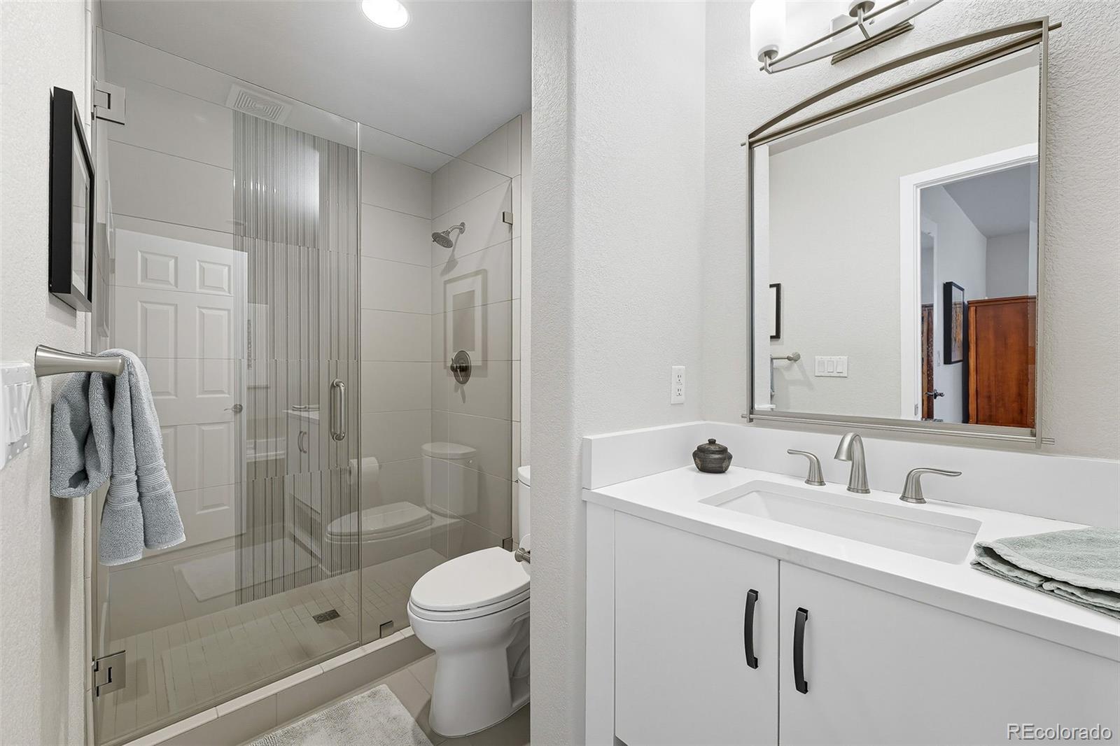 2826 Syracuse Court Denver, CO 80238 - Photo 19 of 35 a bathroom with a shower sink vanity mirror and toilet