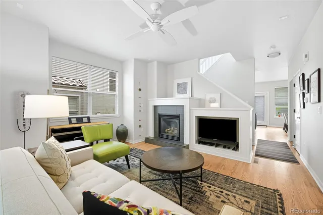 a living room with furniture a rug and a fireplace