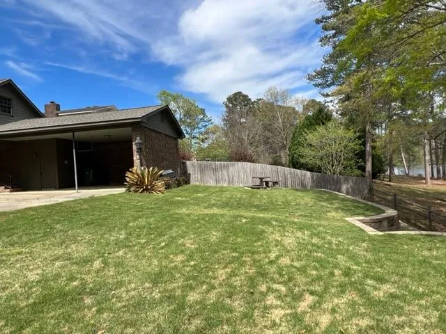 a view of a park with large trees