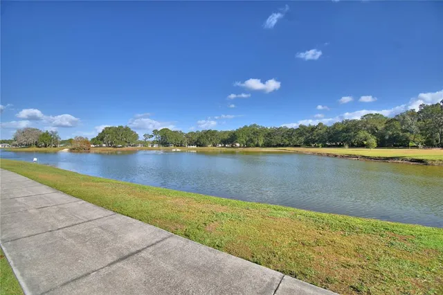 a view of a lake with houses in the back