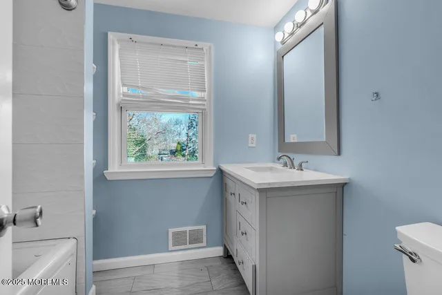 a bathroom with a sink a toilet and vanity