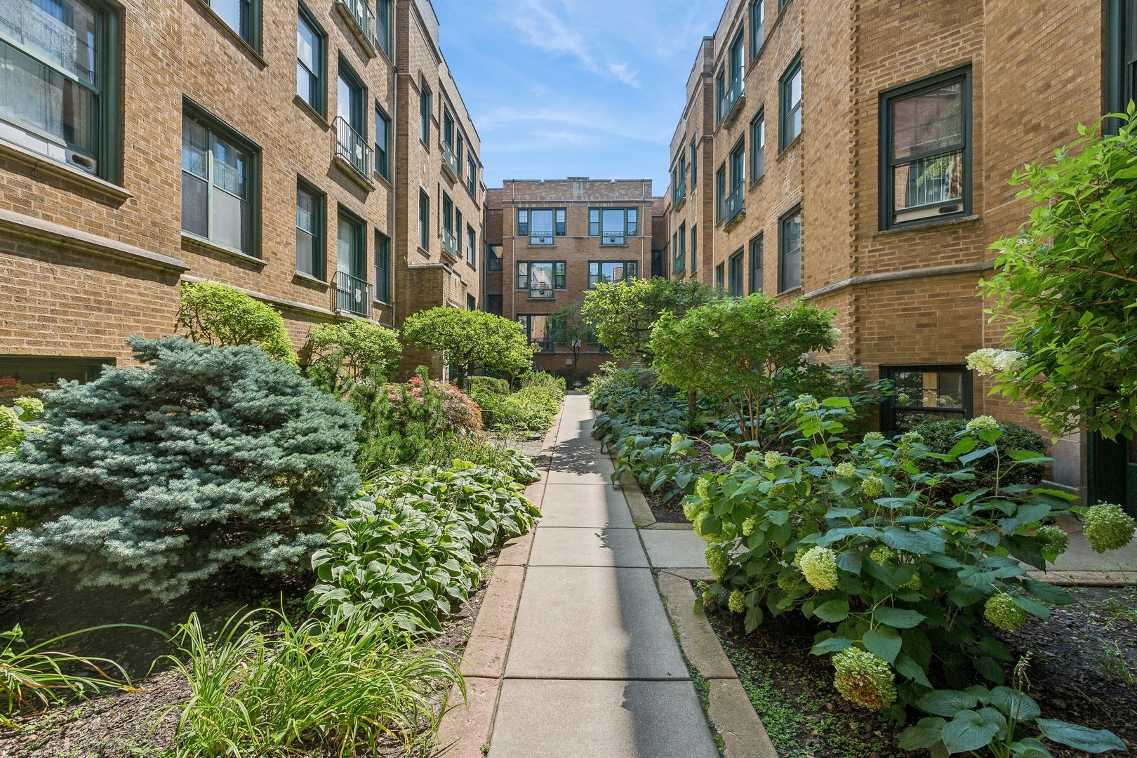 a view of a pathway with a building in the background