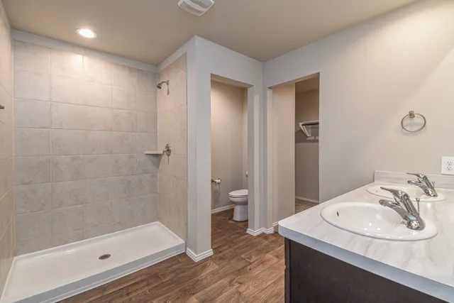 a bathroom with a sink a toilet and shower