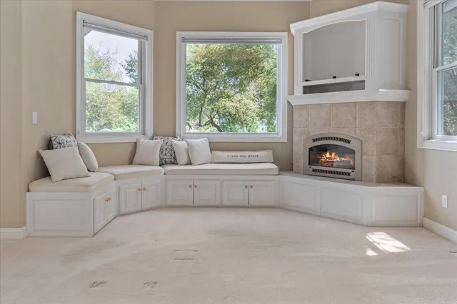 a living room with furniture and a fireplace