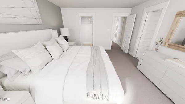 a bed room with a bed and a white walk in closet
