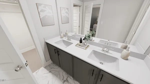 a bathroom with a double vanity sink and mirror