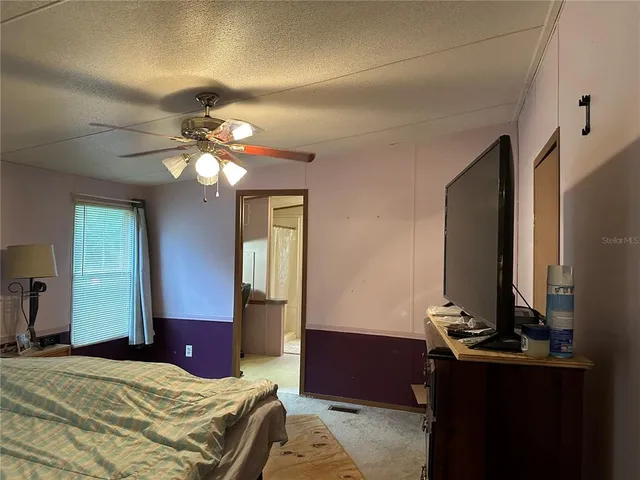 a backyard of a house with yard and trampoline