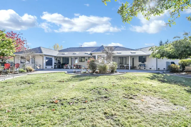 an outdoor space with furniture for seating