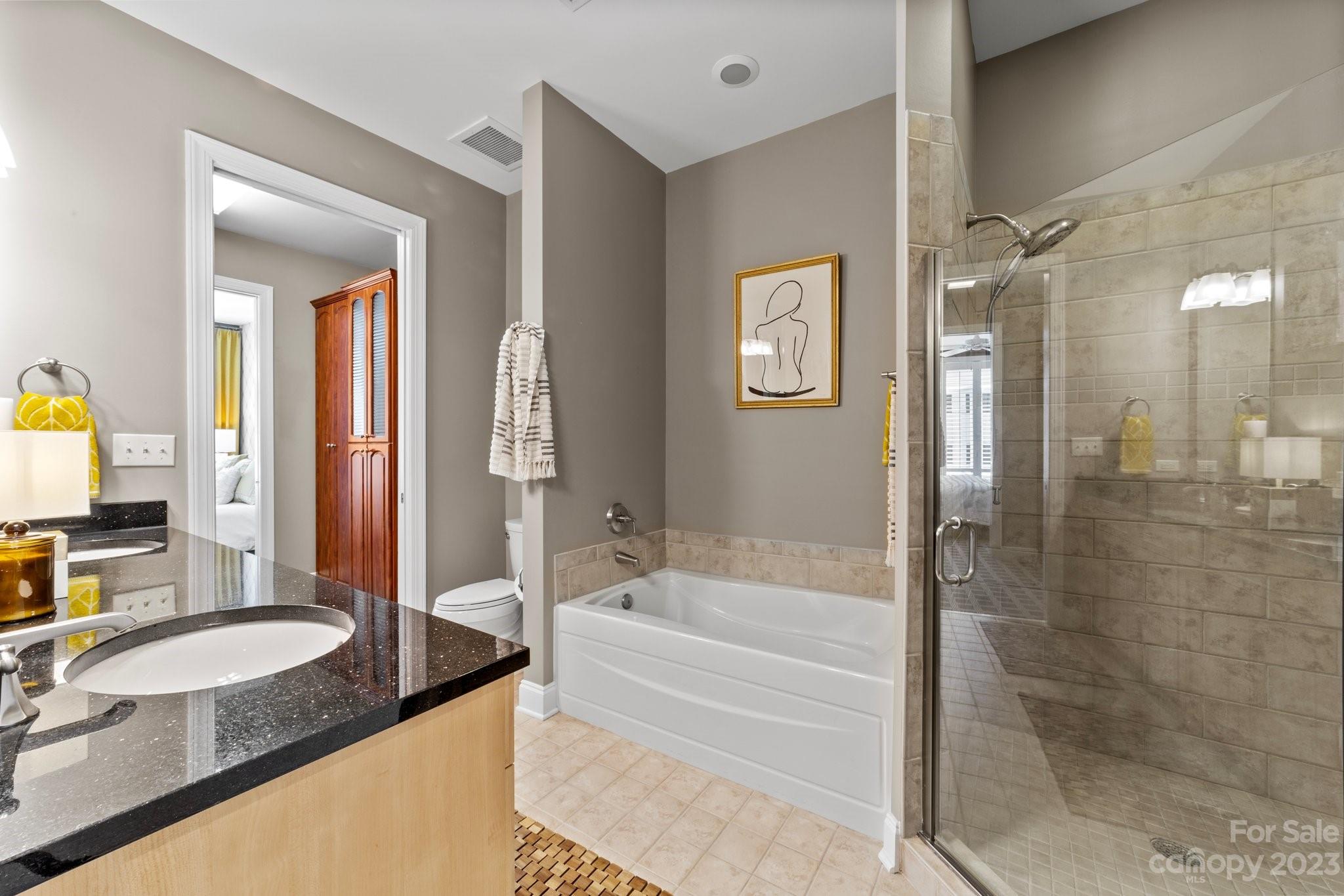 230 South Tryon Street, Unit 906 Charlotte, NC 28202 - Photo 18 of 27 a bathroom with a granite countertop tub sink and mirror