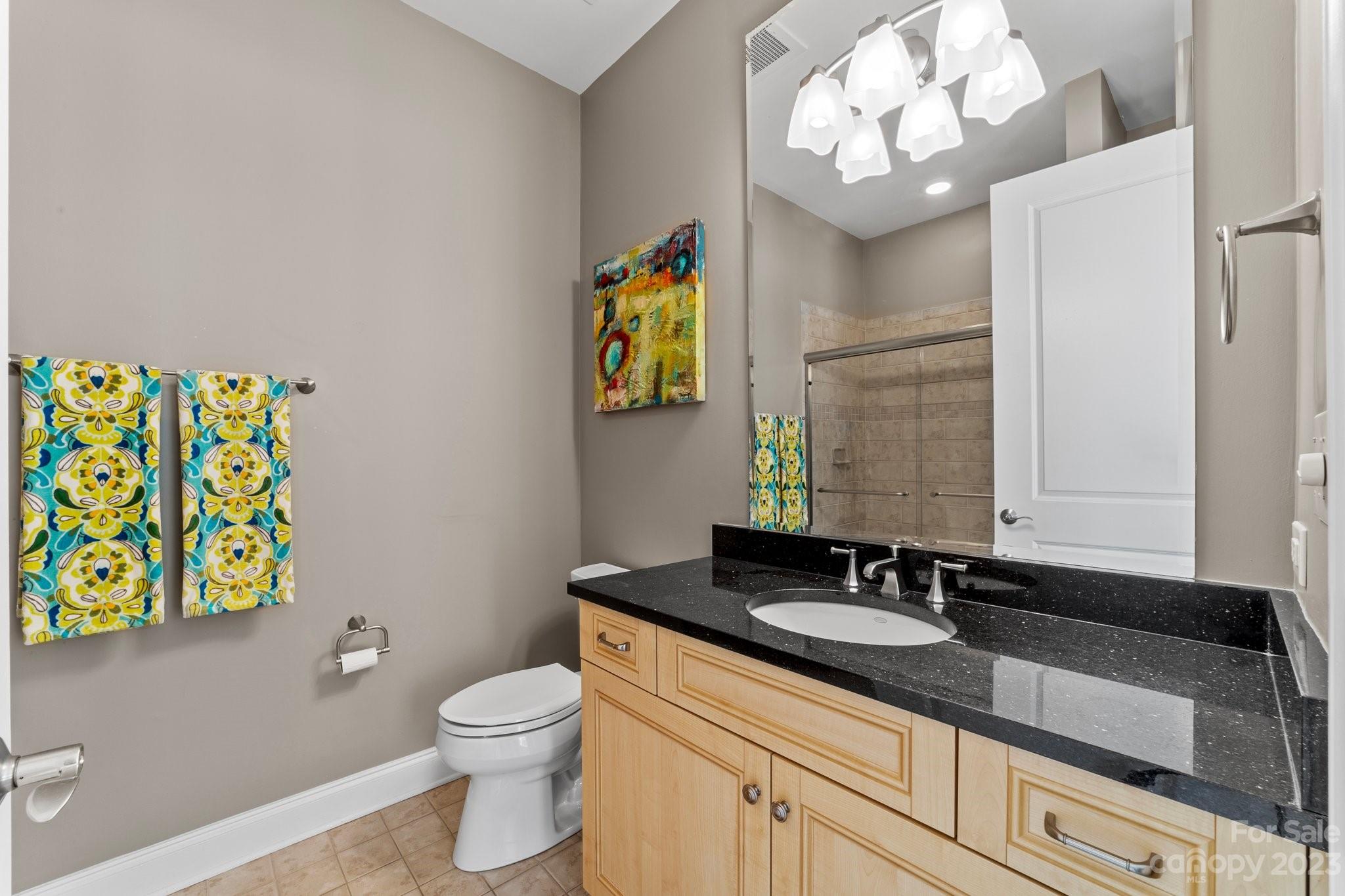 230 South Tryon Street, Unit 906 Charlotte, NC 28202 - Photo 22 of 27 a bathroom with a granite countertop toilet sink and mirror
