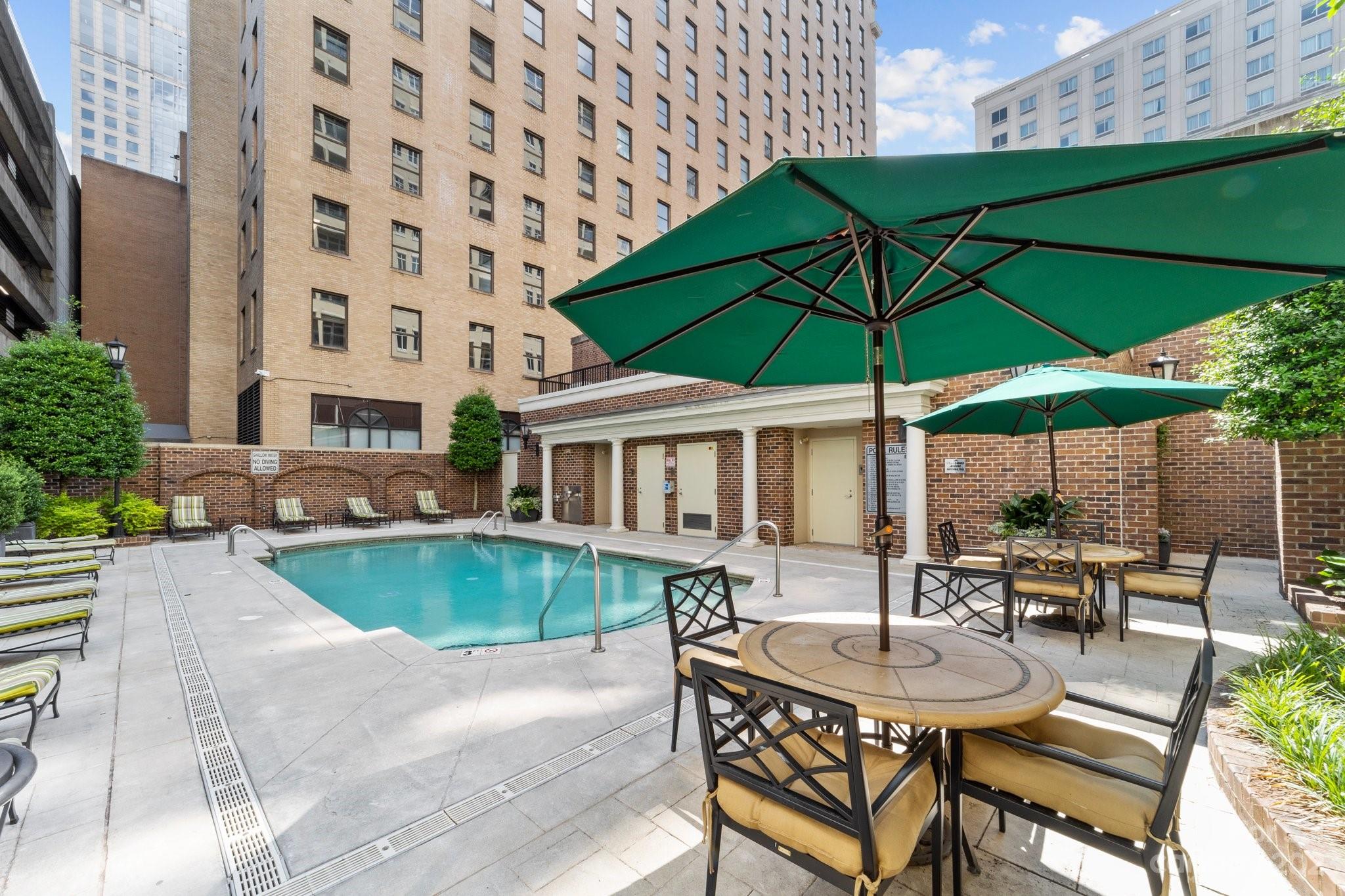 230 South Tryon Street, Unit 906 Charlotte, NC 28202 - Photo 25 of 27 a view of a patio with a table and chairs under an umbrella