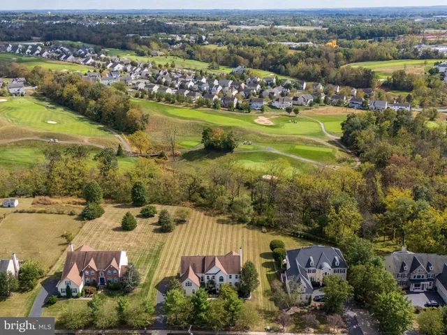 an aerial view of residential houses with outdoor space and trees