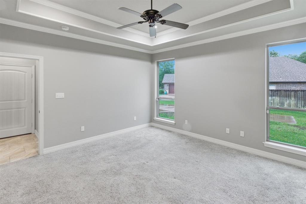 7765 Hickory Spring Lane Tyler, TX 75703 - Photo 24 of 38 Spacious room featuring tray ceiling with a ceiling fan, light gray carpeting, two large windows, and a paneled door