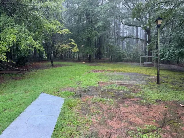 a view of a park with large trees