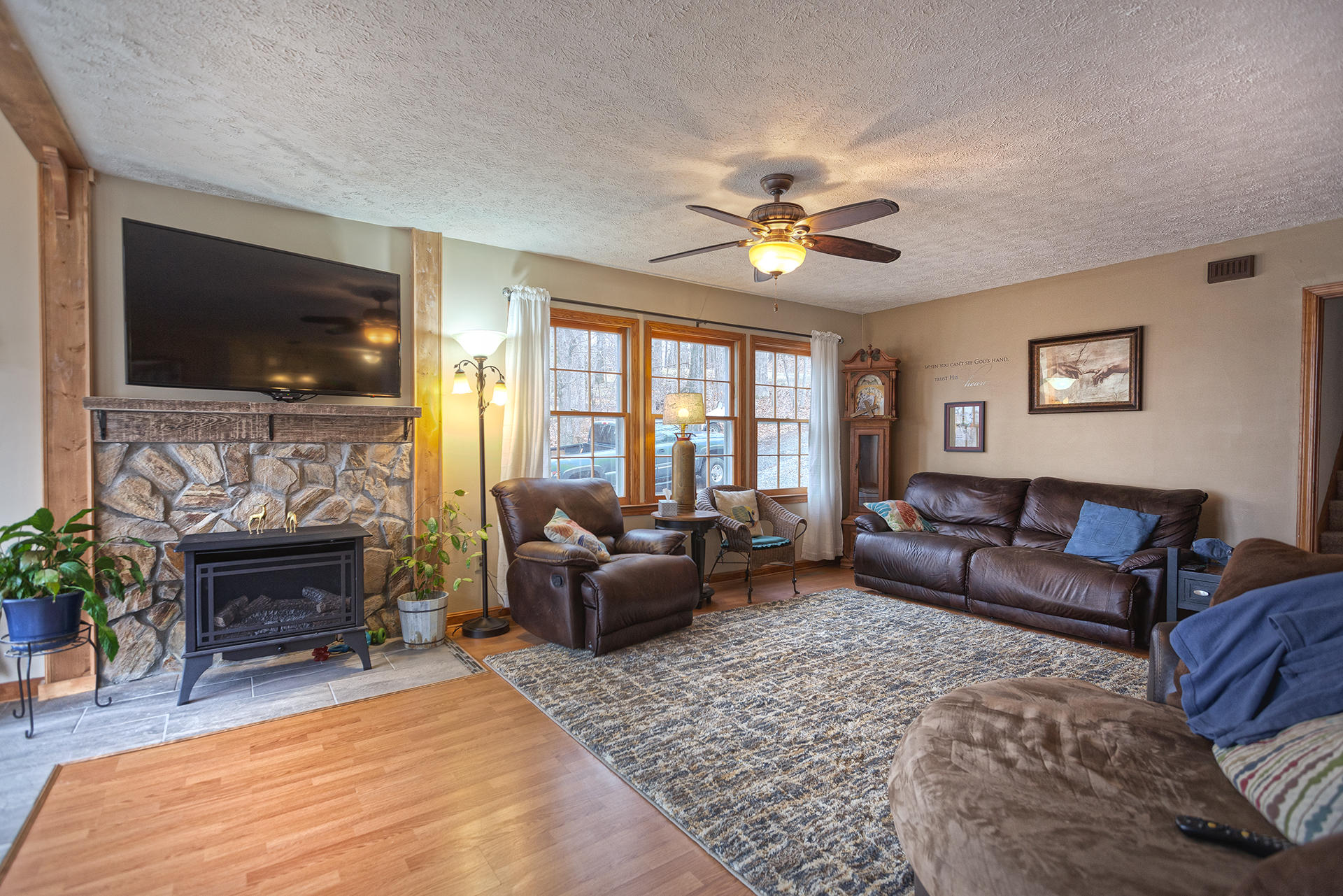 699 Highland Lake Road Union Hall, VA 24176 - Photo 8 of 33 a living room with furniture a flat screen tv and a fireplace