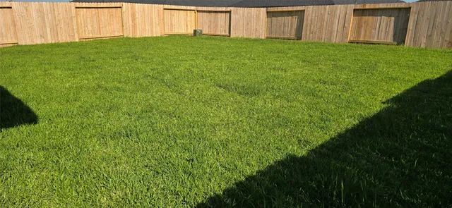a view of a backyard with potted plants and wooden fence