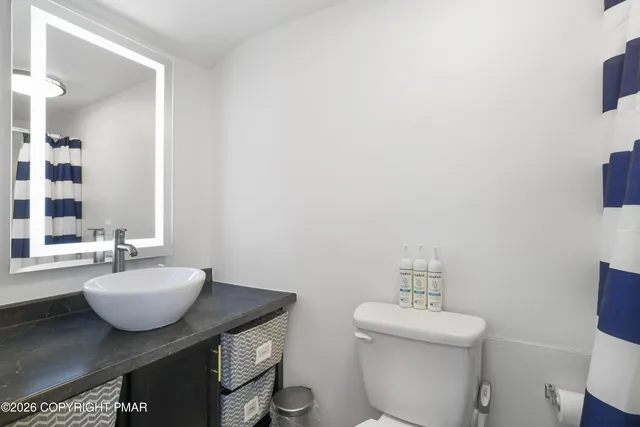 a bathroom with a sink a toilet and mirror