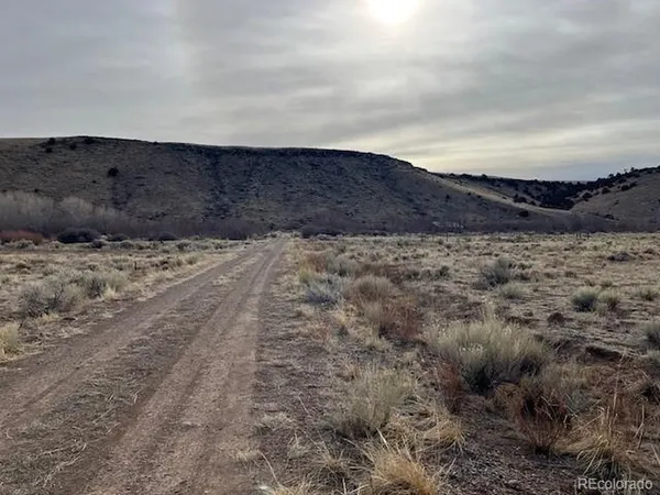 a view of a dry field with mountains in the background