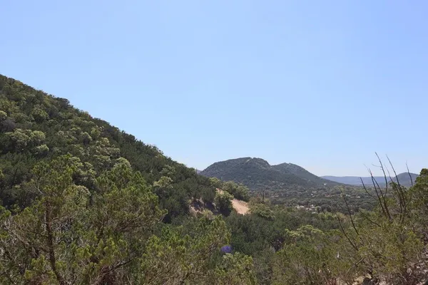 a view of a dry yard with mountains in the background