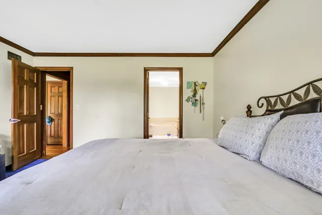 a bedroom with a large bed and a closet