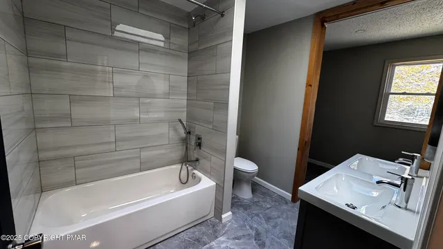 a bathroom with a sink a toilet and shower