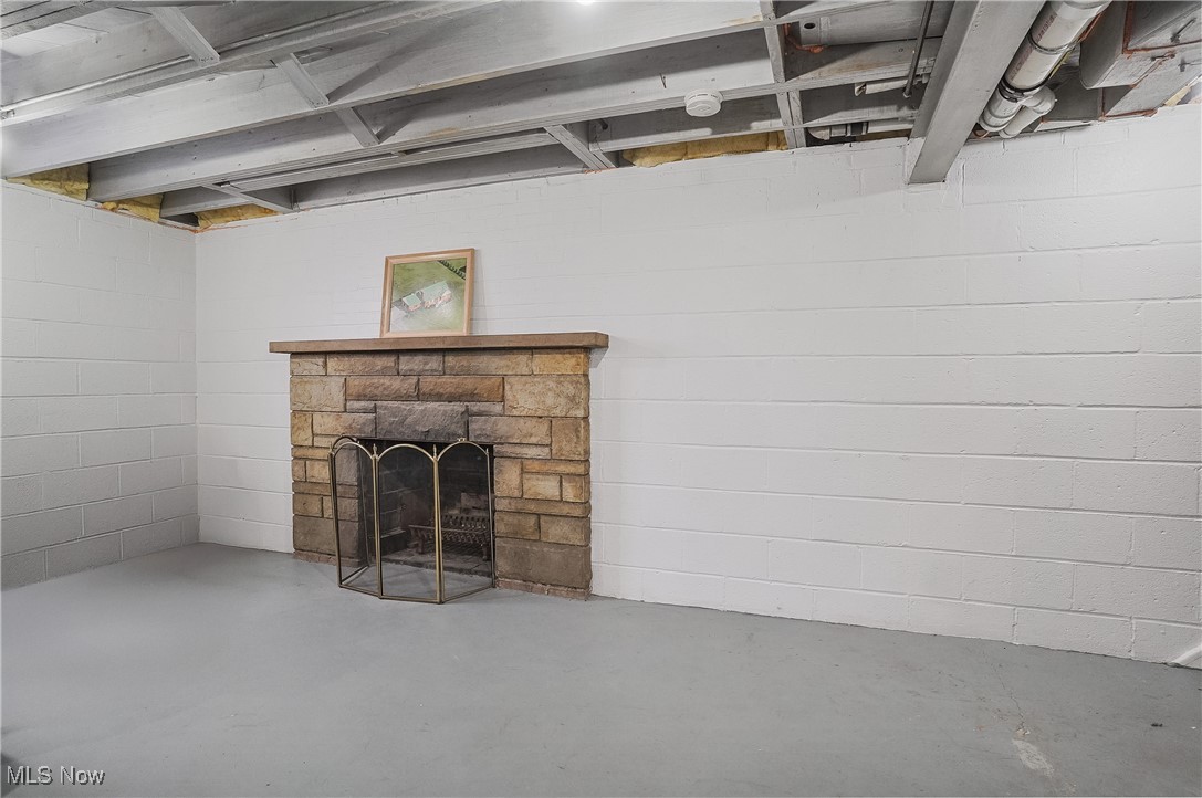 33825 Cannon Road Solon, OH 44139 - Photo 41 of 44 Unfinished basement with concrete block wall and a fireplace