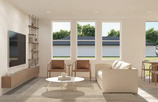 a living room with furniture and a large window