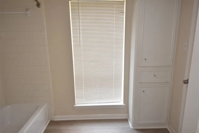 a view of a bathroom with a bathtub
