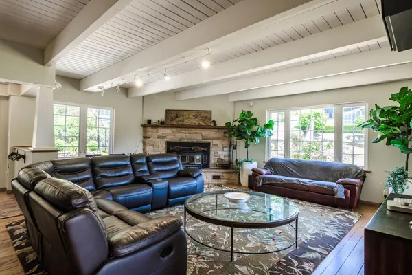 a living room with furniture a fireplace and a potted plant